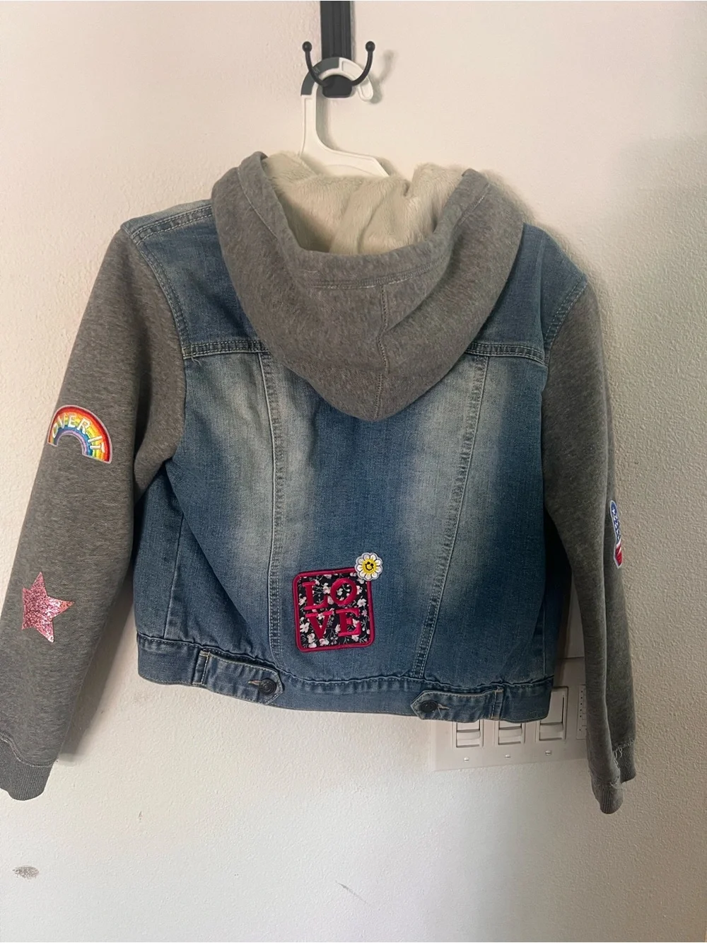 Vigoss Light Blue Denim Jacket with Gray Sleeves & Colorful Patches